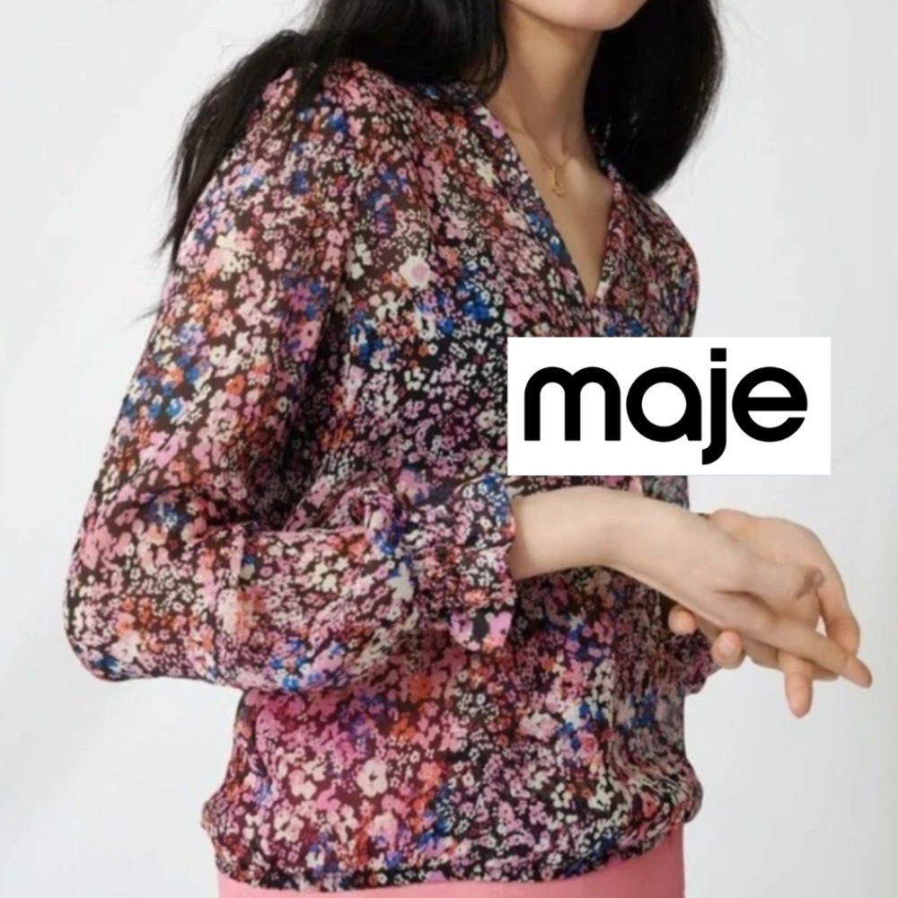 MAJE Lehane Floral Long Sleeve 100% Silk Blouse , 1(S)  GD1127